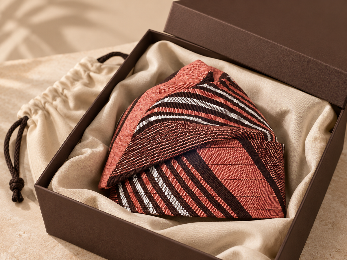 Handmade Yoruba Fila cap in coral, brown and white Aso Oke, presented in an elegant gift box