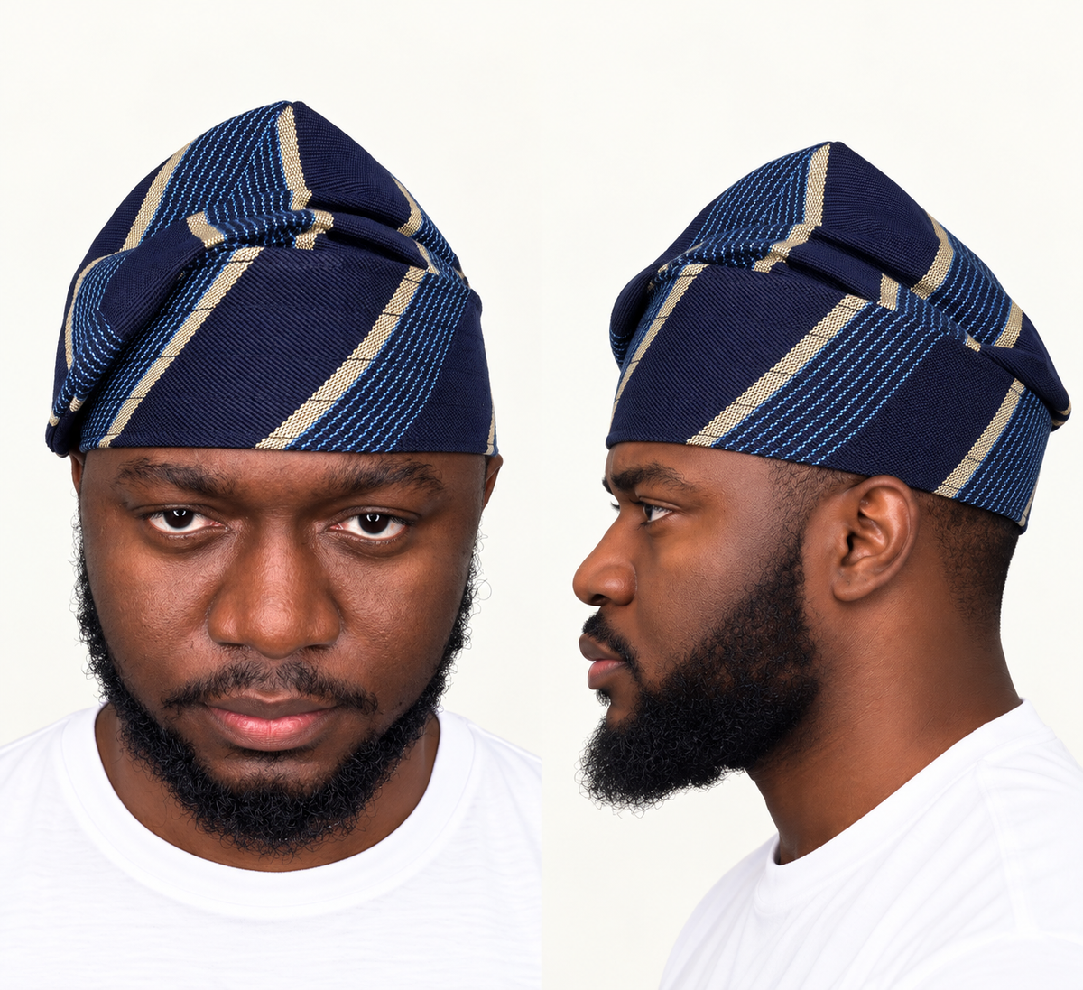 Model wearing a blue handmade Yoruba Fìlà cap