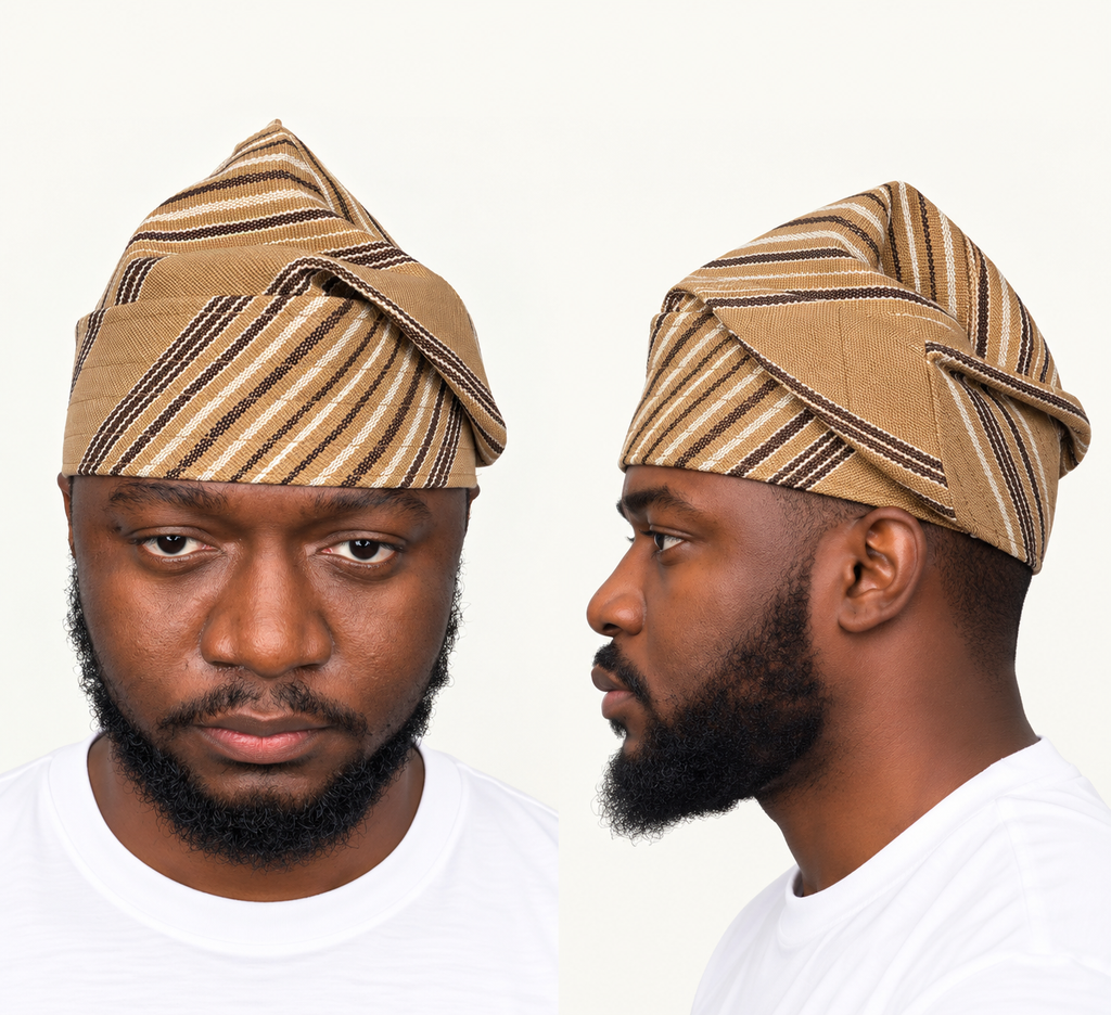 Model wearing a gold handmade Yoruba Fìlà cap