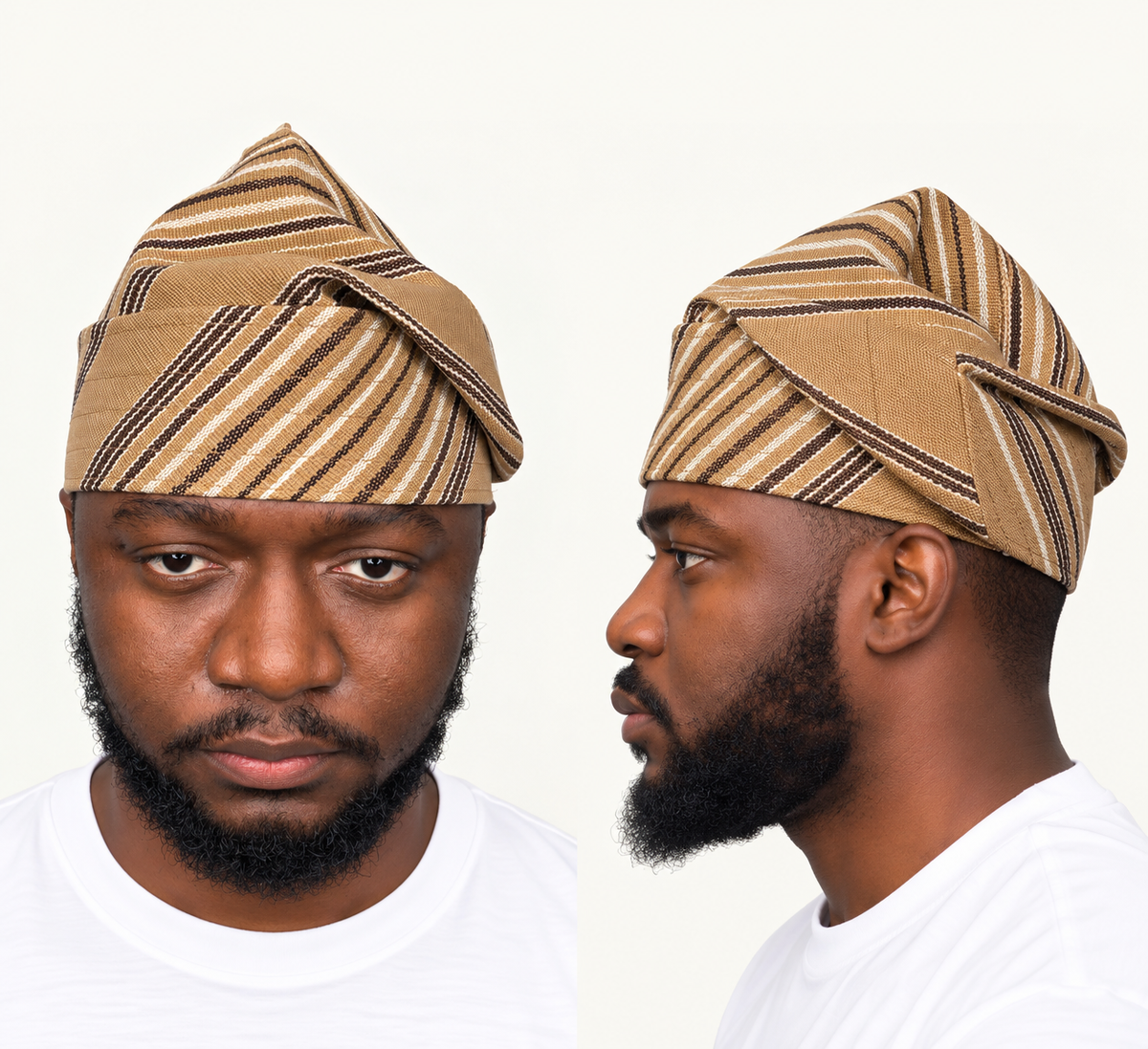 Model wearing a gold handmade Yoruba Fìlà cap