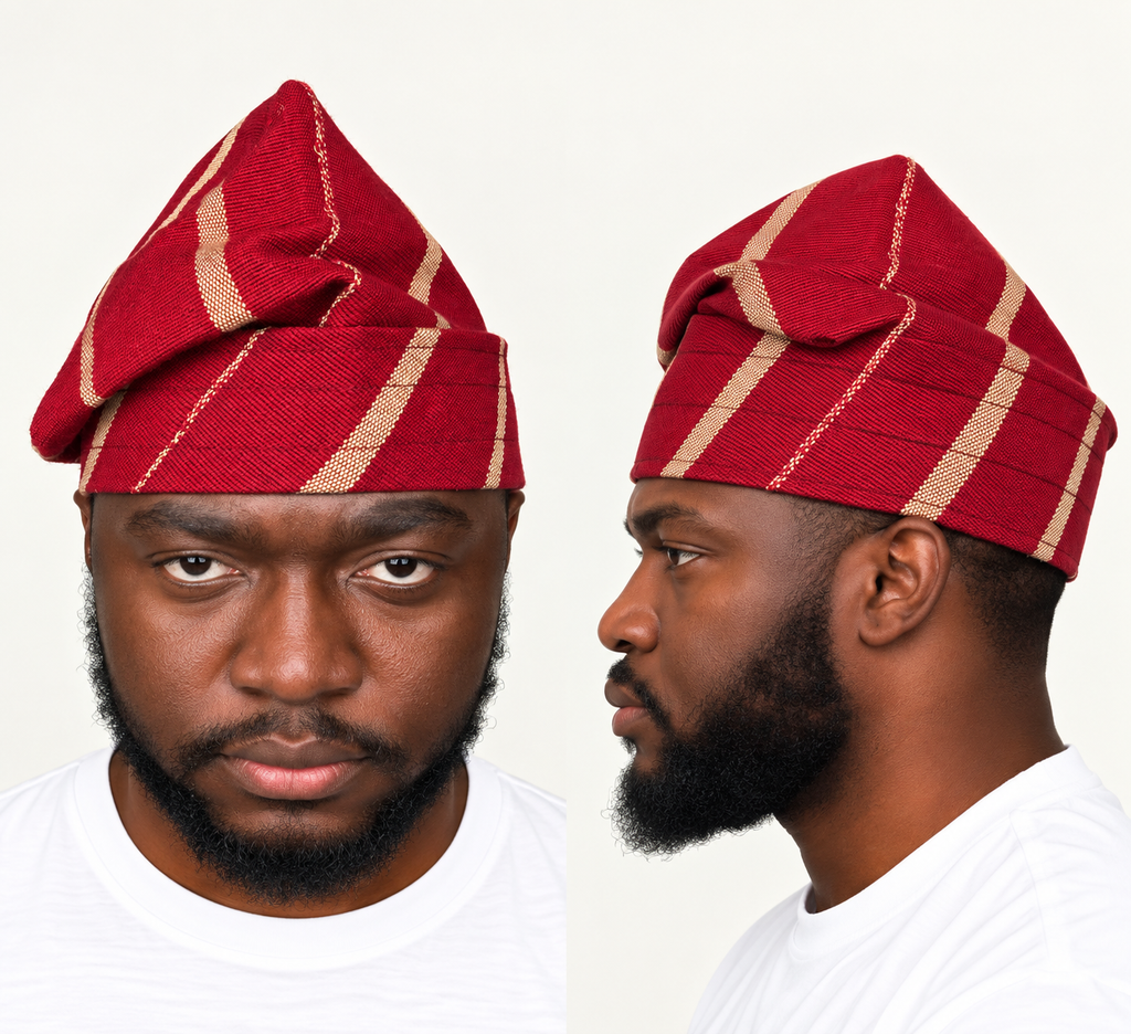 Model wearing a red handmade Yoruba Fìlà cap