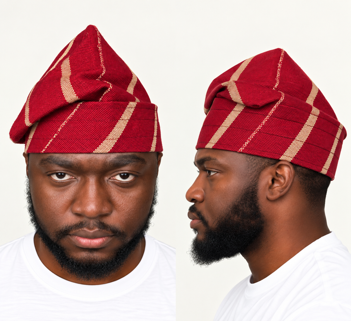 Model wearing a red handmade Yoruba Fìlà cap