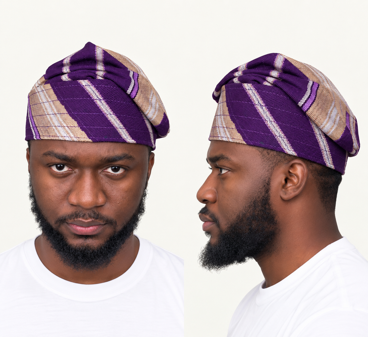 Model wearing a purple handmade Yoruba Fìlà cap