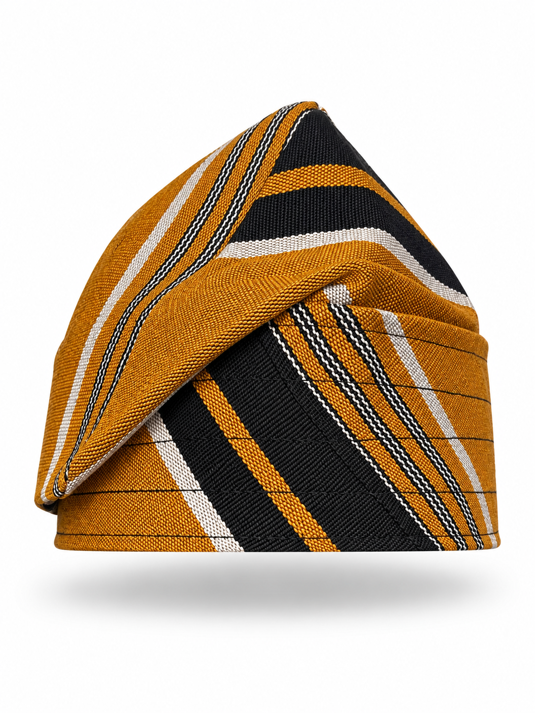Yellow handmade Yoruba Fìlà cap on display