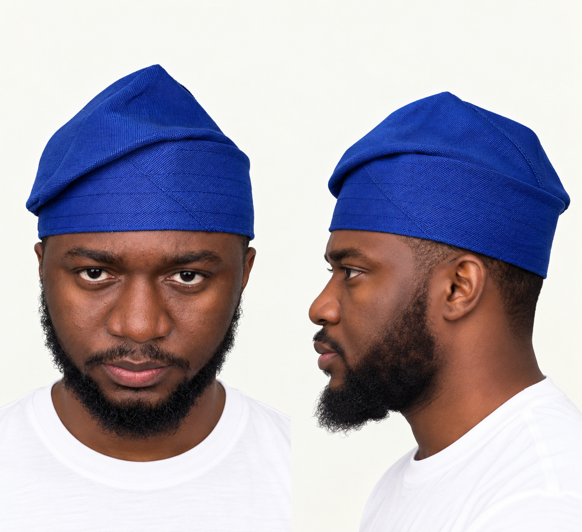 Model wearing a blue handmade Yoruba Fìlà cap