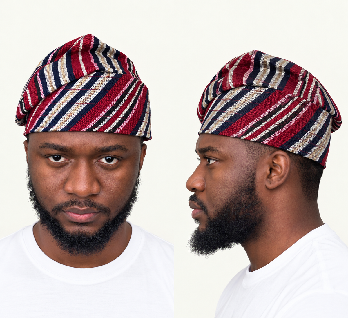 Model wearing a multicoloured handmade Yoruba Fìlà cap
