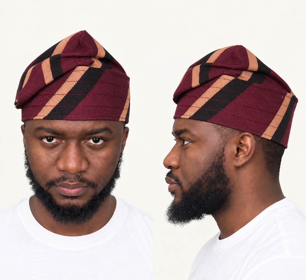 Model wearing a red handmade Yoruba Fìlà cap