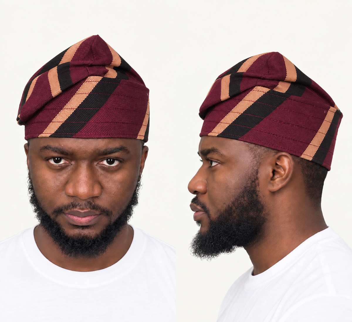 Model wearing a red handmade Yoruba Fìlà cap