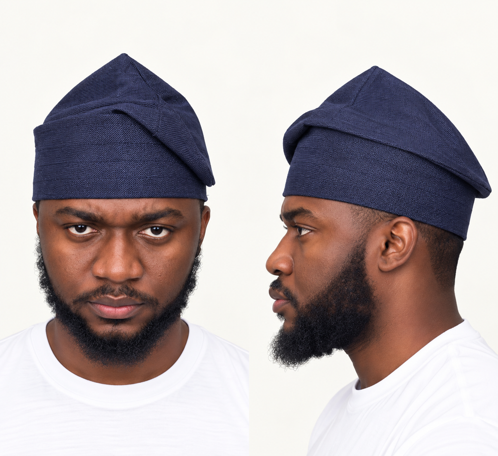 Model wearing a navy blue handmade Yoruba Fìlà cap