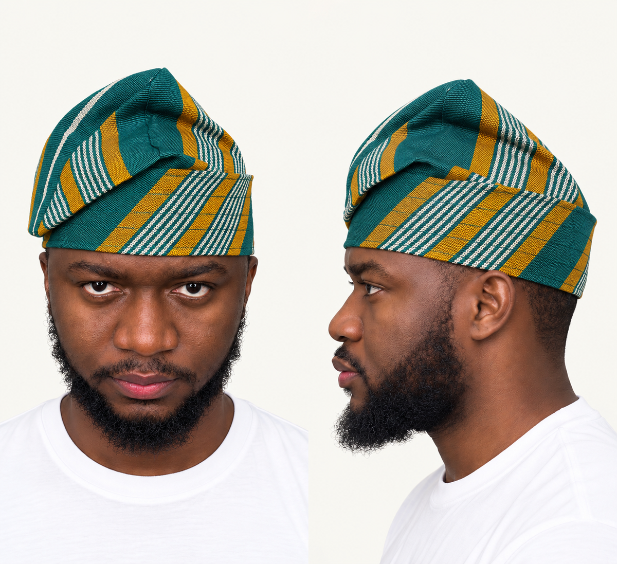 Model wearing a multicoloured handmade Yoruba Fìlà cap