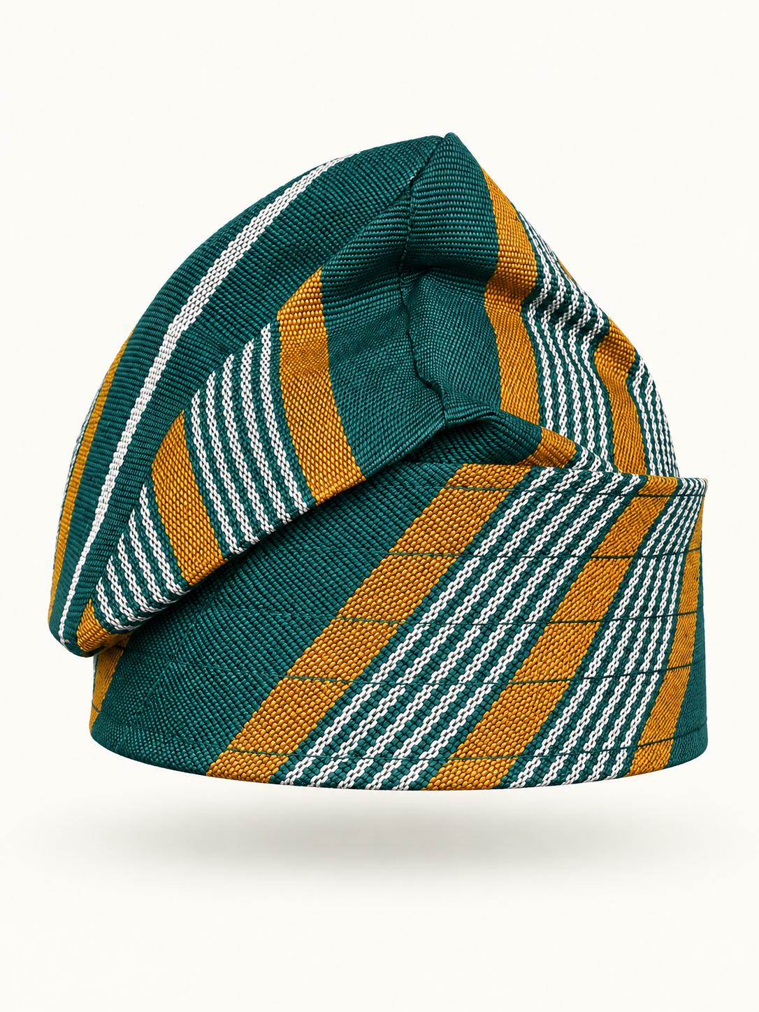 Multicoloured handmade Yoruba Fìlà cap on display