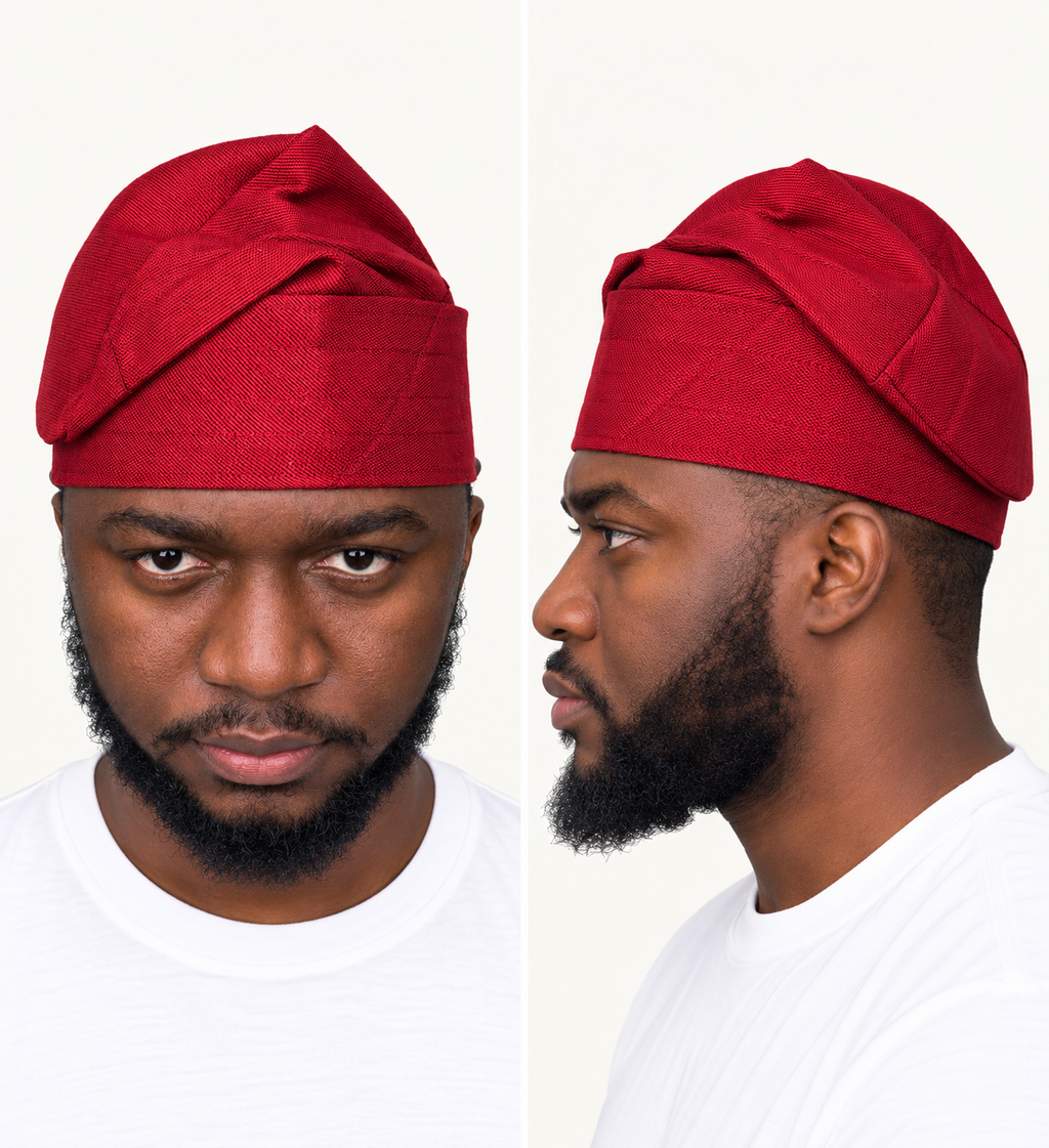 Model wearing a red handmade Yoruba Fìlà cap