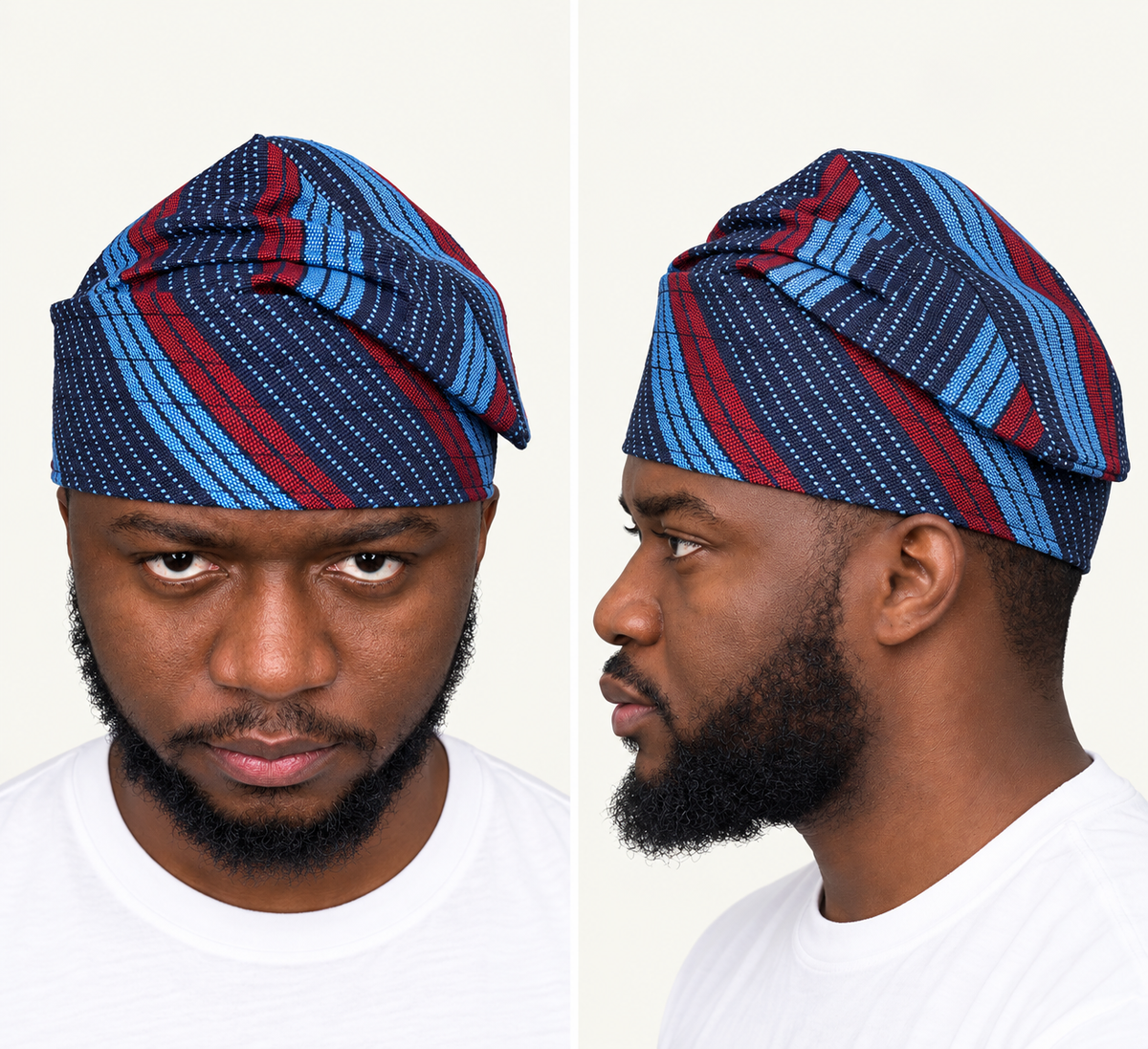 Model wearing a blue handmade Yoruba Fìlà cap