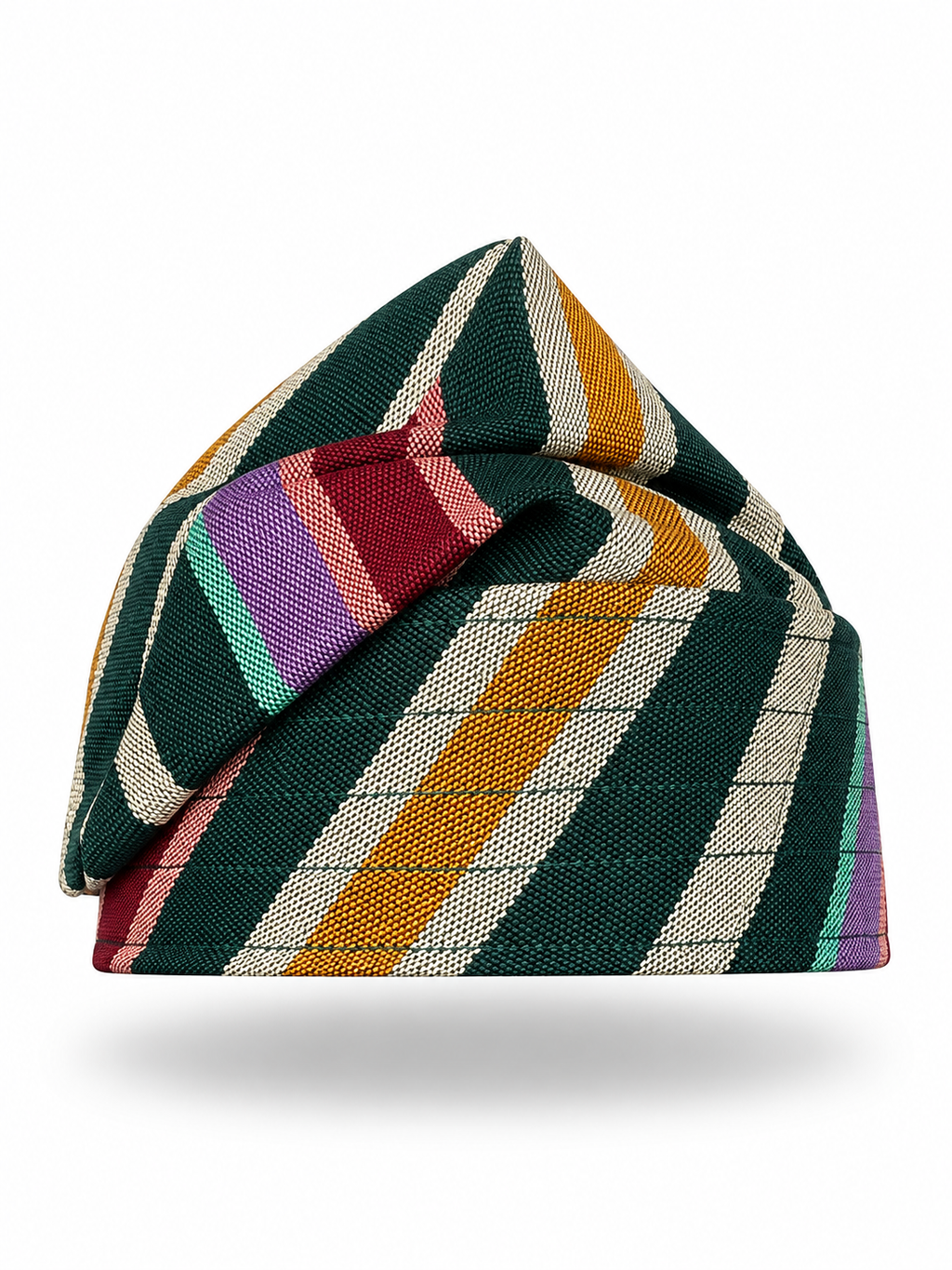 Multicoloured handmade Yoruba Fìlà cap on display