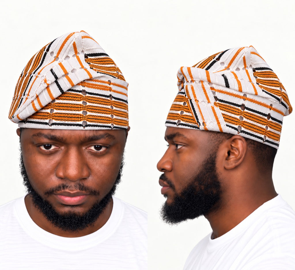 Orange & White Handmade Yoruba Fìlà Cap — NF-Orange 123
