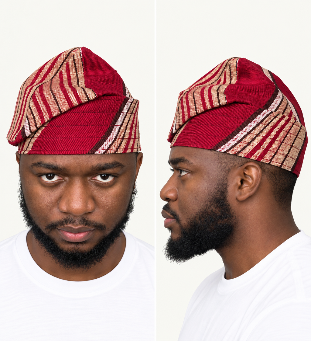 Model wearing a red handmade Yoruba Fìlà cap