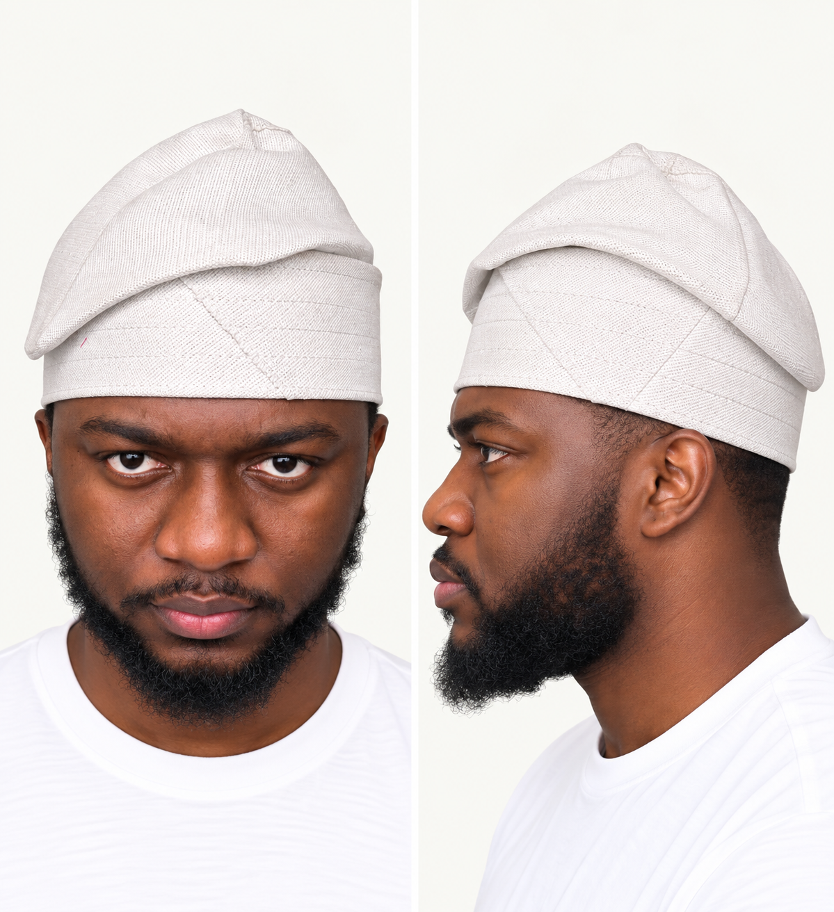 Model wearing a white handmade Yoruba Fìlà cap