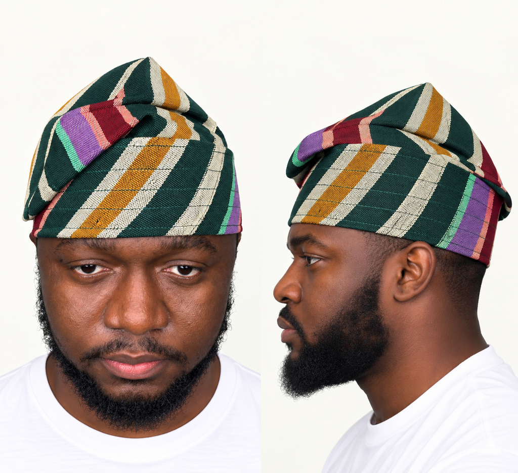 Model wearing a multicoloured handmade Yoruba Fìlà cap