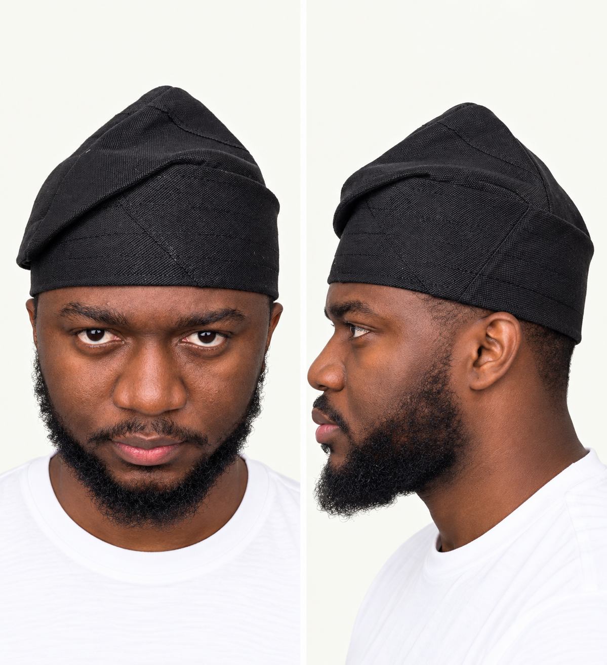 Model wearing a black handmade Yoruba Fìlà cap