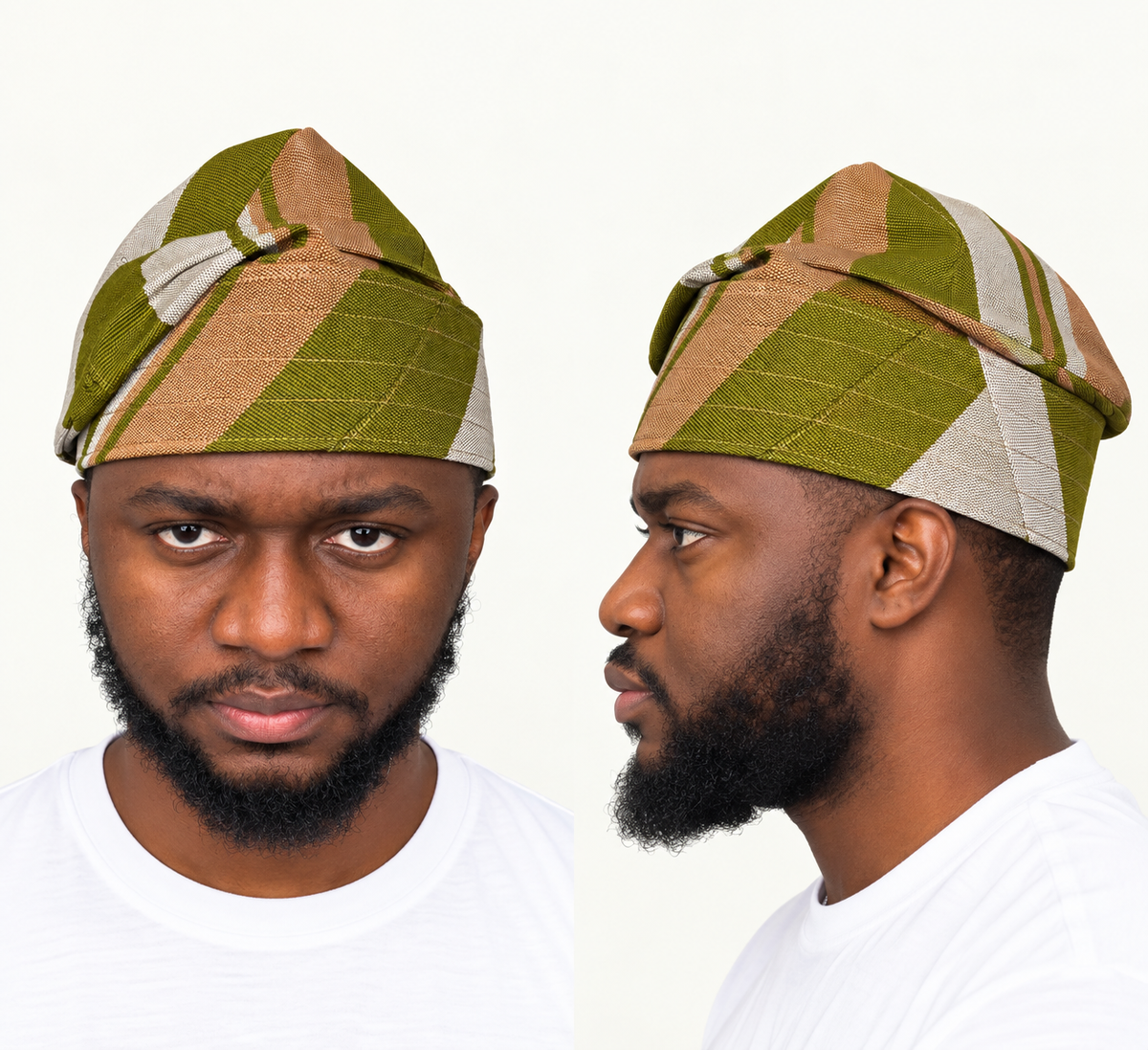 Model wearing a green handmade Yoruba Fìlà cap