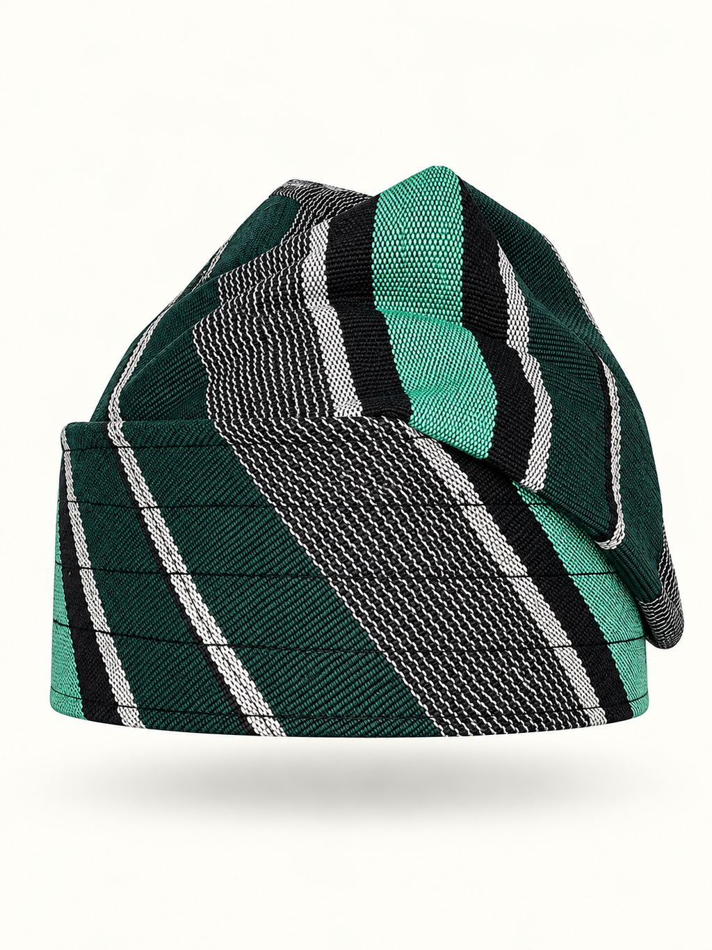 Green handmade Yoruba Fìlà cap on display