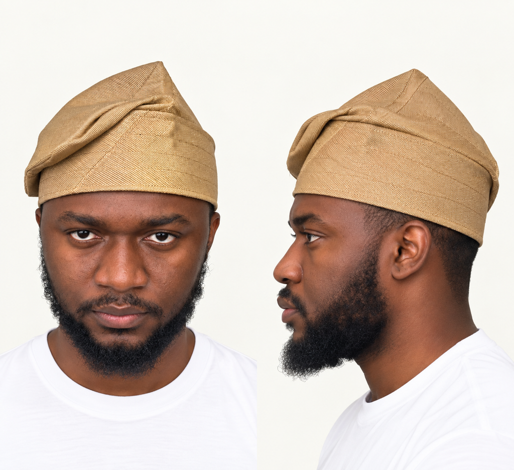 Model wearing a gold handmade Yoruba Fìlà cap