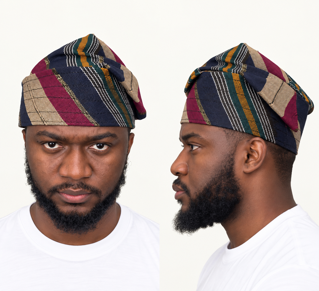 Model wearing a multicoloured handmade Yoruba Fìlà cap