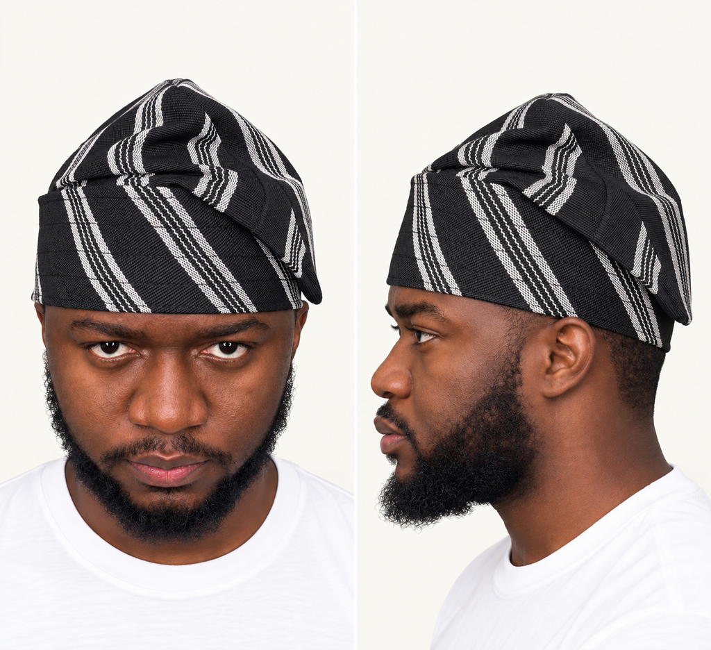 Model wearing a black handmade Yoruba Fìlà cap