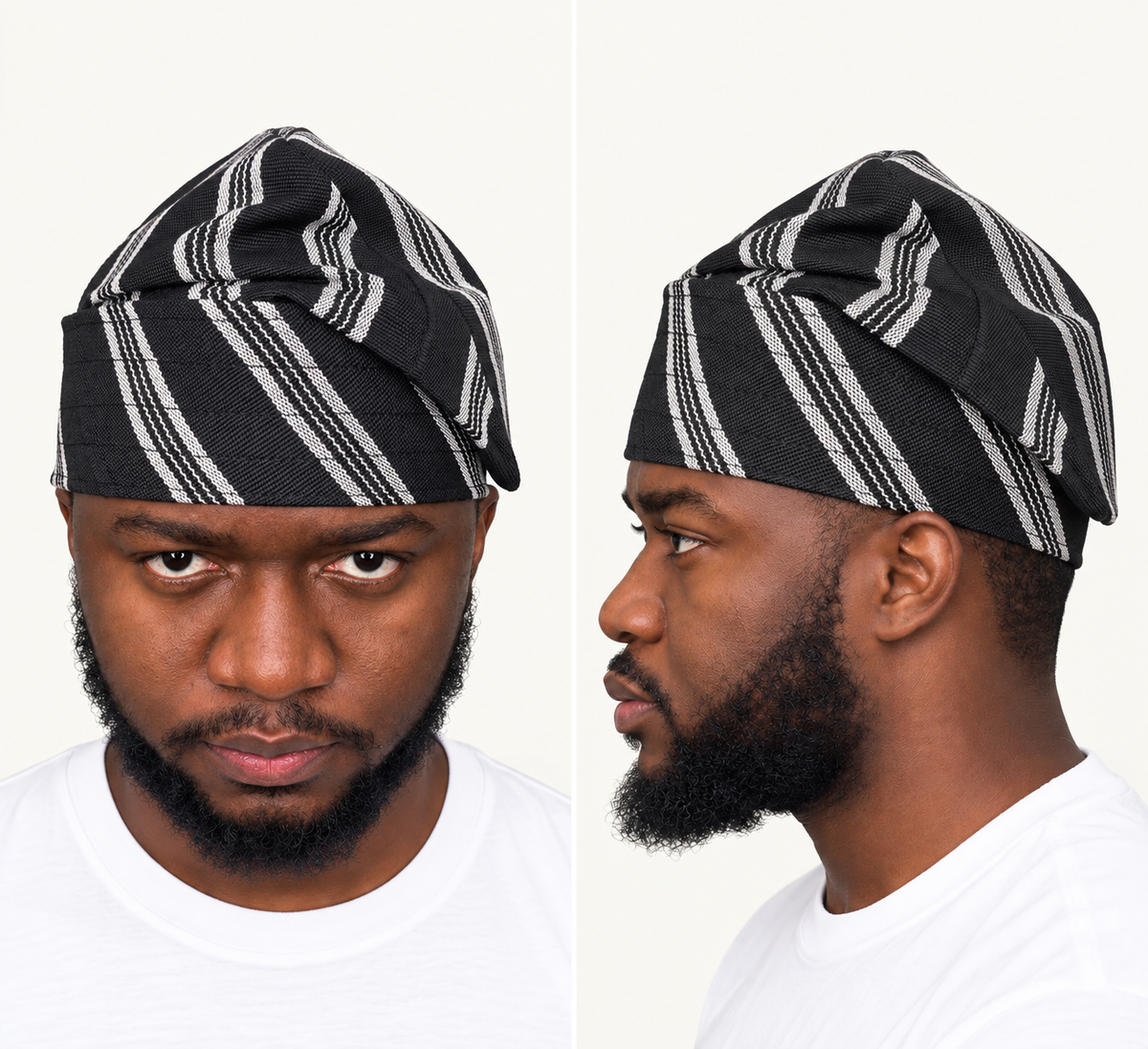 Model wearing a black handmade Yoruba Fìlà cap