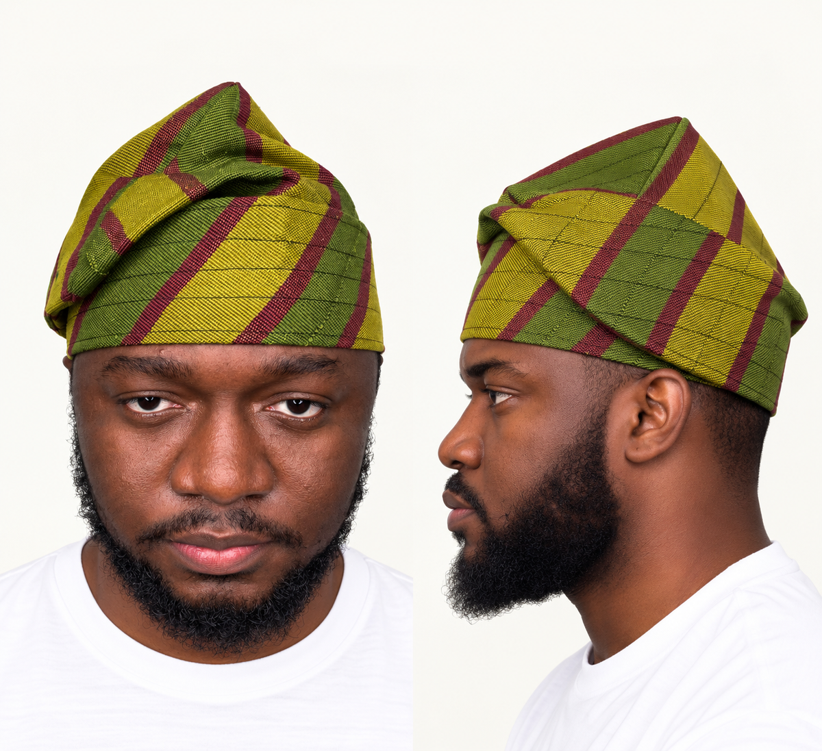 Model wearing a green handmade Yoruba Fìlà cap