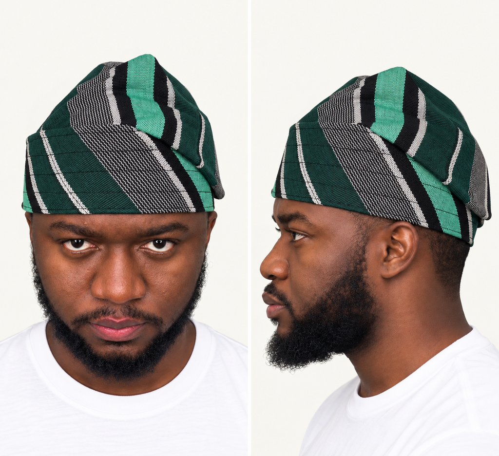 Model wearing a green handmade Yoruba Fìlà cap