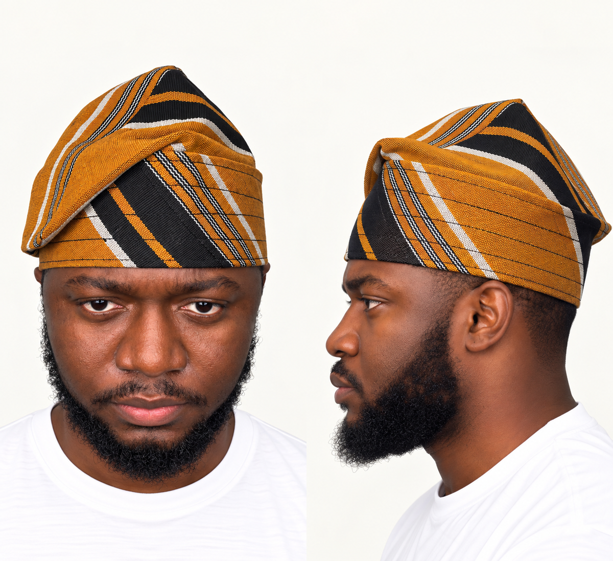Model wearing a yellow handmade Yoruba Fìlà cap