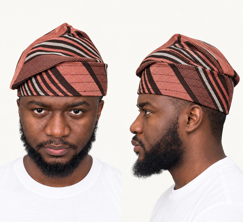Model wearing a brown handmade Yoruba Fìlà cap