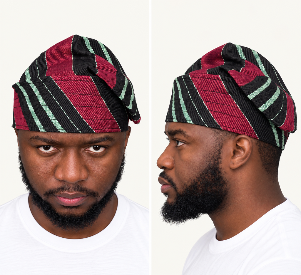 Model wearing a multicoloured handmade Yoruba Fìlà cap