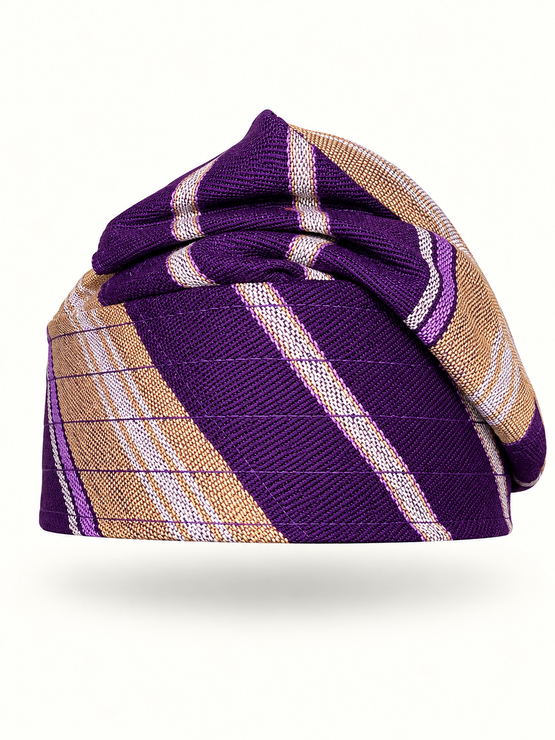 Purple handmade Yoruba Fìlà cap on display