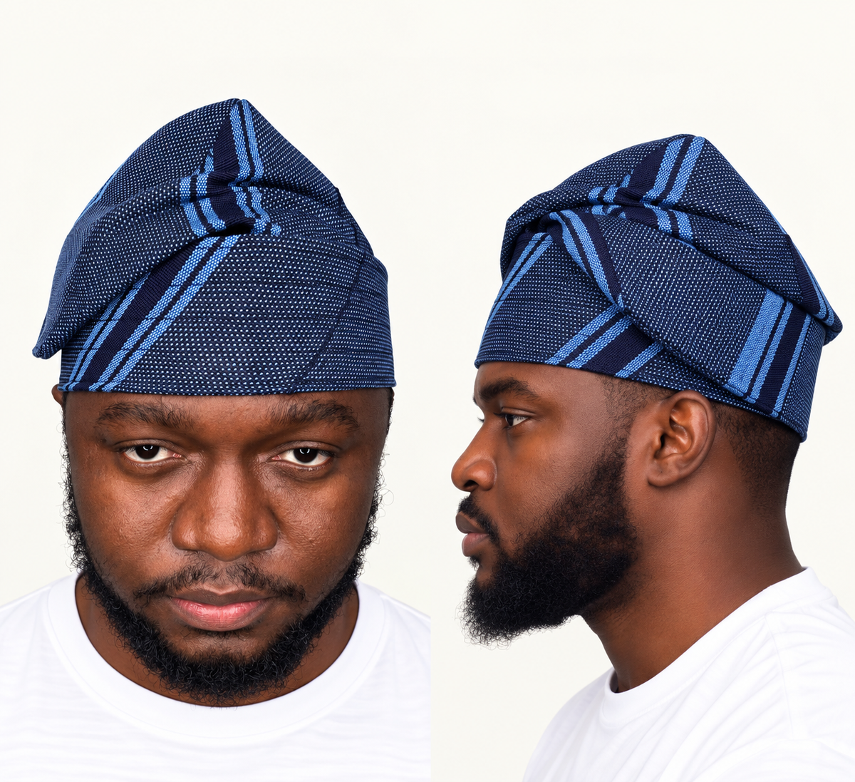Model wearing a blue handmade Yoruba Fìlà cap